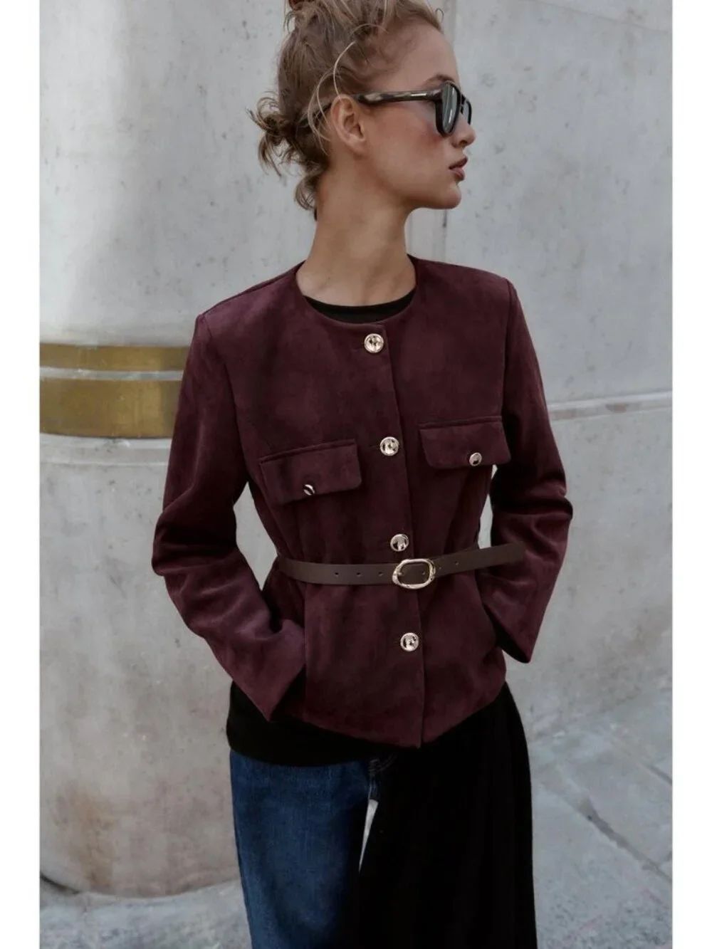Zara Womens Blazer Jacket S Burgundy Faux Suede Belted Gold Button 8741/260 NWT